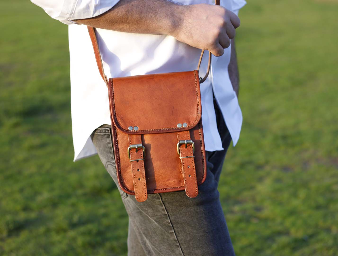 Personalised long two buckle leather bag