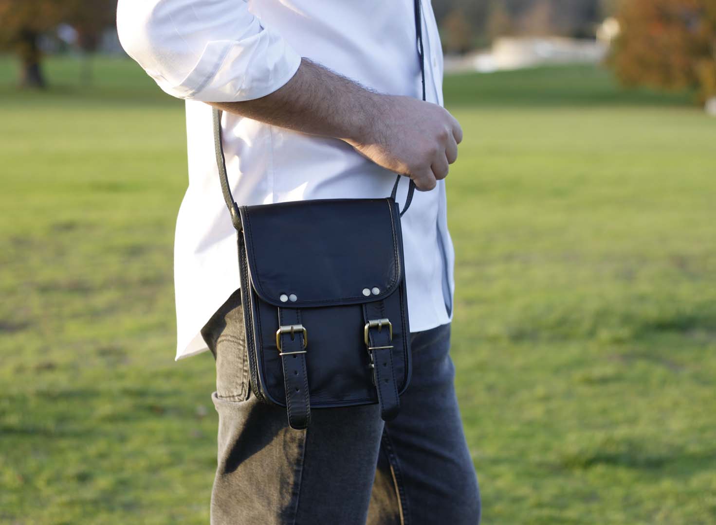 Personalised long two buckle black leather bag