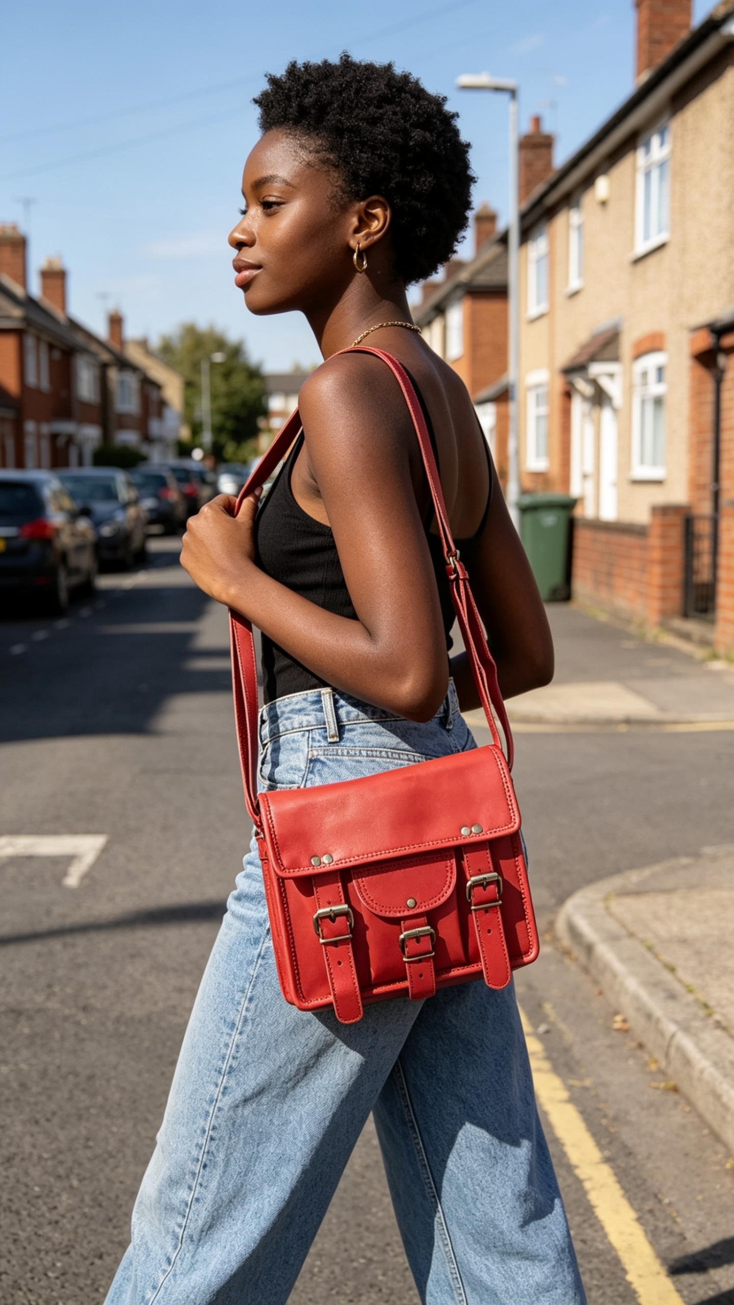 Small red leather bag with pocket