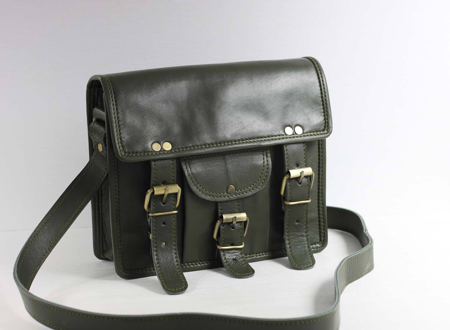 Personalised green leather bag with pocket